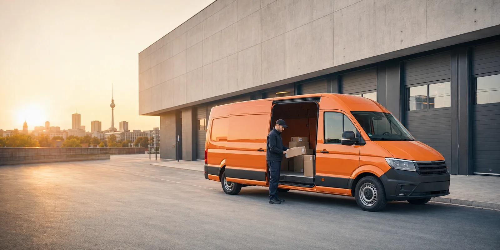 Symbolbild: orangefarbenes Zustellfahrzeug an einem modernen Berliner Logistikstandort